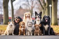 group of different breed dogs sitting together in a park Royalty Free Stock Photo