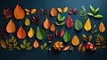 a group of different colored leaves on a dark background with berries and berries Royalty Free Stock Photo