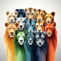 a group of different colored lions in front of a white background