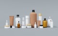 Group of different cosmetic bottles and jars 3D render