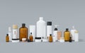 Group of different cosmetic bottles and jars 3D render