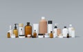 Group of different cosmetic bottles and jars 3D render