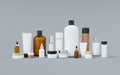 Group of different cosmetic bottles and jars 3D render