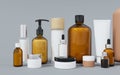 Group of different cosmetic bottles and jars 3D render