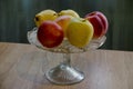 A group of different fresh ripe fruits - apple, peach and pears in a fruit bowl