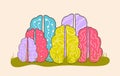 Group of different human brains on grass. Neurodiversity symbol. Brainstorming, creative thinking sign. Colorful human minds