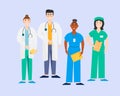 A group of different international doctors and nurses in a hospital. Vector illustration on a medical theme.