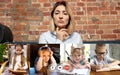 Group of different kids studying online by group video call, use video conference with each other and teacher. PC screen Royalty Free Stock Photo