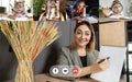 Group of different kids studying online by group video call, use video conference with each other and teacher. PC screen Royalty Free Stock Photo