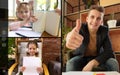 Group of different kids studying online by group video call, use video conference with each other and teacher. PC screen Royalty Free Stock Photo