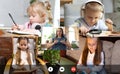 Group of different kids studying online by group video call, use video conference with each other and teacher. PC screen Royalty Free Stock Photo