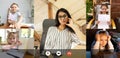 Group of different kids studying online by group video call, use video conference with each other and teacher. PC screen Royalty Free Stock Photo