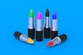 Group of different lipsticks. Cosmetic accessories. Make-up tools