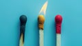 Group of different matches, some burning, pastel blue background, leadership, idea generation, teamwork. Generative AI Royalty Free Stock Photo