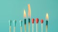 Group of different matches, some burning, pastel blue background, leadership, idea generation, teamwork. Generative AI Royalty Free Stock Photo