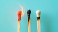 Group of different matches, some burning, pastel blue background, leadership, idea generation, teamwork. Generative AI Royalty Free Stock Photo