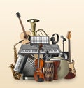 Group of different musical instruments on beige