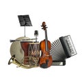Group of different musical instruments on white
