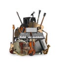 Group of different musical instruments on white background