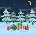 A group of New Year`s presents with ribbons on a snowy winter night and on Christmas trees background. Vector Royalty Free Stock Photo