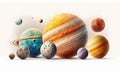 a group of different planets with their names on them, including the sun, saturn, pluto, and earth