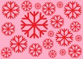 A group of different sized red simple snowflake outline graphics pattern light pink rose violet backdrop