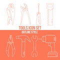 Group of different types of tools. Modern outline style icon set