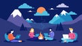 A group of digital nomads sit around a campfire in the mountains their laptops connected to data clouds providing