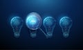 Group of dim light bulbs and one glowing bulb under magnifying glass. Idea discovery, hypothesis testing, critical Royalty Free Stock Photo
