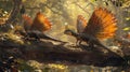 A group of dimetrodon basking in the warm sunlight on a large branch their colorful sail backs glinting in the dappled