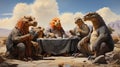 A group of dinosaurs eating at a table