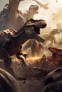 A group of dinosaurs are fighting with each other. Generative AI image.