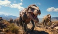 Group of Dinosaurs Walking Across Dirt Field