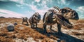 A group of dinosaurs walking across a dry grass covered field. Generative AI image.