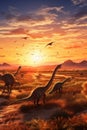 A group of dinosaurs walking across a field. Generative AI image.