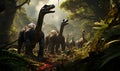 Group of Dinosaurs Walking Through Forest