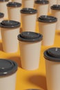 Group of disposable coffee cups on a yellow background. 3d illustration