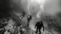 A group of divers explore a barren section of the ocean floor their expressions betraying their sadness at the lack of