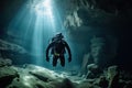 A group of divers exploring an underwater cave system. The water should be dark and murky, with beams of light shining through