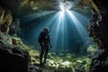 A group of divers exploring an underwater cave system. The water should be dark and murky, with beams of light shining through