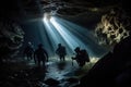 A group of divers exploring an underwater cave system. The water should be dark and murky, with beams of light shining through