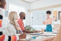 Group of diverse businesspeople having a meeting in a modern office at work. Young hispanic businesswoman talking while Royalty Free Stock Photo