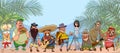 Group of diverse cartoon characters stand on a tropical shore