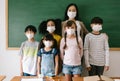 Group of Diverse Children school and Asian female Teacher standing in front of panel at the classroom with face mask and looking Royalty Free Stock Photo