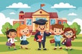 A group of diverse children standing in front of a school building, with backpacks and books, End of school Customizable Cartoon Royalty Free Stock Photo