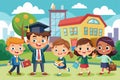 A group of diverse children standing in front of a school building, looking excited and ready to start the day, End of school Royalty Free Stock Photo