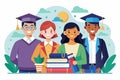 A group of diverse college students are standing next to each other in a customizable semi flat illustration, College students Royalty Free Stock Photo