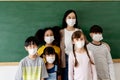 Group of diverse elementary students in classroom alongside with young adult Asian teacher. Primary school multi-racial Royalty Free Stock Photo