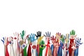 Group of Diverse Flag Painted Hands Raised Royalty Free Stock Photo