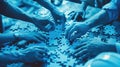 A group of diverse hands assembling a puzzle, each piece representing a different skill or perspective AIG535 Royalty Free Stock Photo
